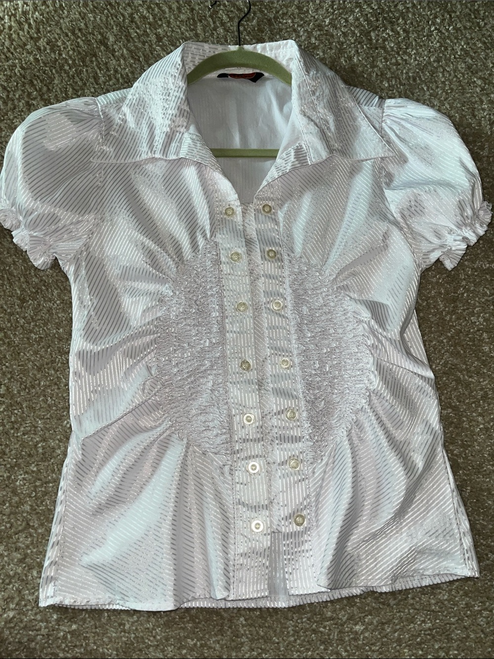 ELLY White Shimmer Puff-Sleeve Button Front Blouse made in Turkey
